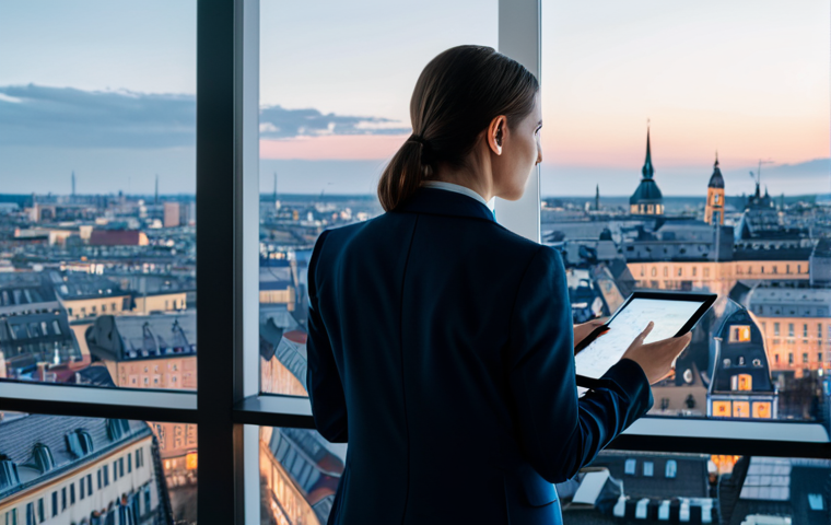 A professional female policy analyst in a modest business suit, standing confidently in a modern, brightly lit office. She looks at a large interactive digital display showing abstract data visualizations and a stylized European map, with a thoughtful, focused expression. One hand gestures towards the screen, the other holds a sleek tablet. Behind her, a panoramic window overlooks a well-ordered European city skyline at dusk, symbolizing global interconnectedness. The office is clean, minimalist, with subtle tech elements. Professional photography, cinematic lighting, ultra-detailed, high resolution, soft natural light, perfect anatomy, correct proportions, natural pose, well-formed hands, proper finger count, natural body proportions, fully clothed, modest clothing, appropriate attire, professional dress, safe for work, appropriate content, professional, family-friendly.