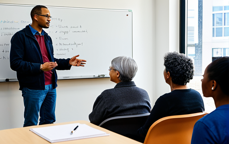 A diverse group of community members, including adults of various ages and ethnicities, fully clothed in appropriate attire, are actively engaged in a collaborative workshop in a modern, brightly lit community center. A professional policy analyst stands at a whiteboard, listening intently to their input, fostering an open dialogue. The atmosphere is collaborative and constructive, emphasizing citizen engagement and co-creation of solutions. Perfect anatomy, correct proportions, natural poses, well-formed hands, proper finger count, natural body proportions. Safe for work, appropriate content, fully clothed, professional, modest. High quality, realistic photography.