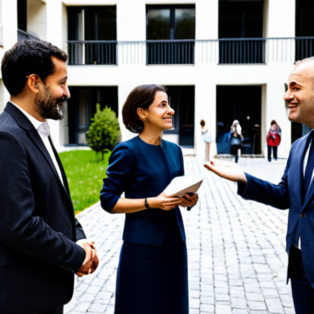 A professional female public policy analyst in a modest business casual attire, fully clothed, engaging in an empathetic conversation with a diverse group of French citizens. They are standing outdoors in the communal courtyard of a modern social housing complex located in a Parisian suburb. The scene is bathed in soft, natural light, emphasizing genuine interaction and human connection. Professional photography, high-resolution, perfect anatomy, correct proportions, well-formed hands, natural body proportions, natural pose, safe for work, appropriate content, fully clothed, professional, family-friendly.
