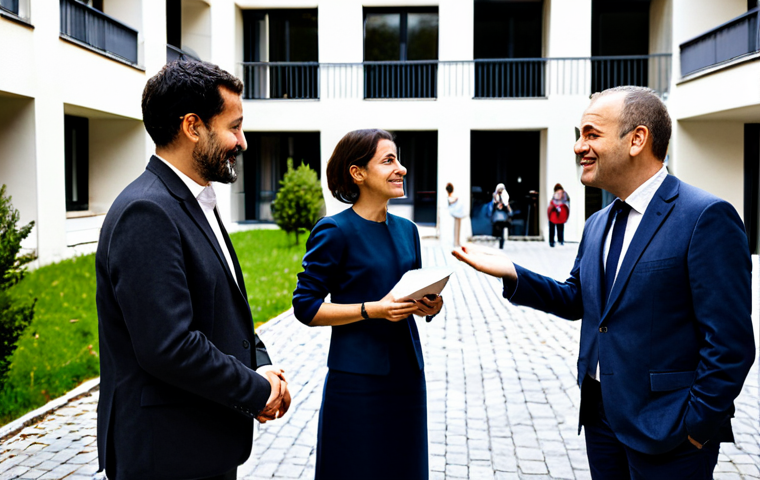 A professional female public policy analyst in a modest business casual attire, fully clothed, engaging in an empathetic conversation with a diverse group of French citizens. They are standing outdoors in the communal courtyard of a modern social housing complex located in a Parisian suburb. The scene is bathed in soft, natural light, emphasizing genuine interaction and human connection. Professional photography, high-resolution, perfect anatomy, correct proportions, well-formed hands, natural body proportions, natural pose, safe for work, appropriate content, fully clothed, professional, family-friendly.