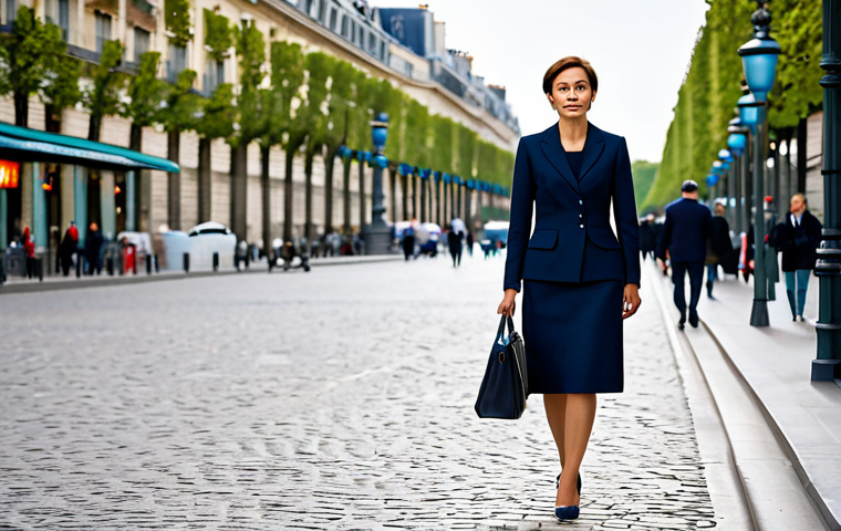 **

"A stylish businesswoman, fully clothed in a tailored business suit (professional dress, appropriate attire), walking confidently on the Champs-Élysées in Paris, France. Parisian architecture in the background, soft natural lighting. Safe for work, perfect anatomy, correct proportions, family-friendly, high-quality photography, modest clothing."

**