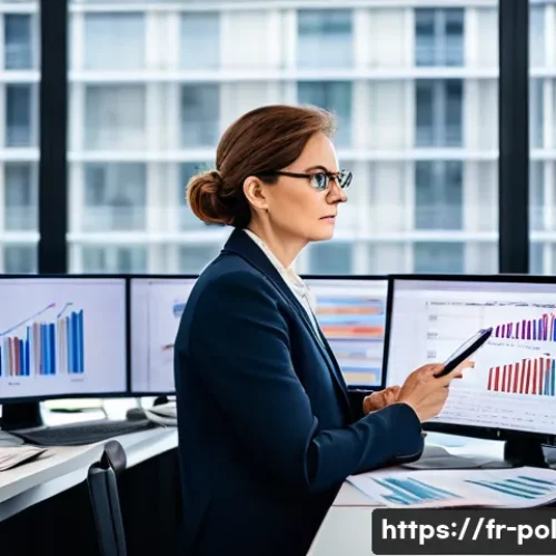 정책분석사와 업무 관련 성공 요인 분석 - A professional political analyst in a modern Parisian office, surrounded by multiple computer screen...