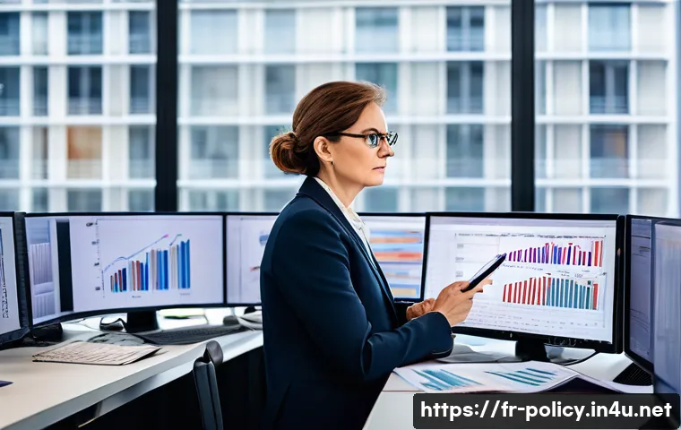 정책분석사와 업무 관련 성공 요인 분석 - A professional political analyst in a modern Parisian office, surrounded by multiple computer screen...