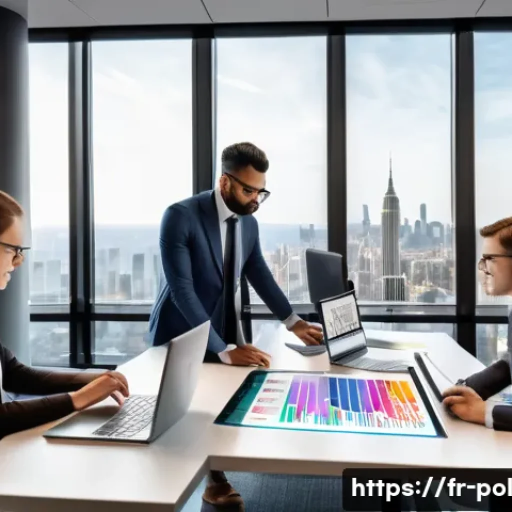 정책분석사와 빅데이터 분석 활용법 - A detailed, modern office scene showing a diverse team of policy analysts collaborating around a lar...