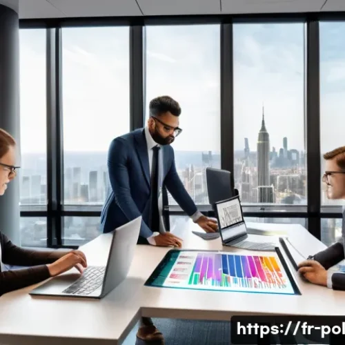 정책분석사와 빅데이터 분석 활용법 - A detailed, modern office scene showing a diverse team of policy analysts collaborating around a lar...