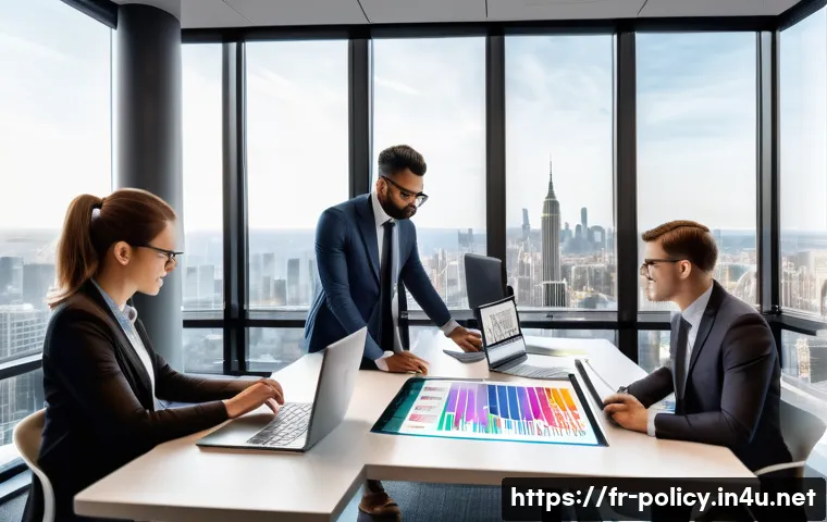 정책분석사와 빅데이터 분석 활용법 - A detailed, modern office scene showing a diverse team of policy analysts collaborating around a lar...