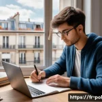 정책분석사 시험 응시 후기 모음 - A focused study environment featuring a young adult sitting at a modern desk in a cozy Parisian apar...