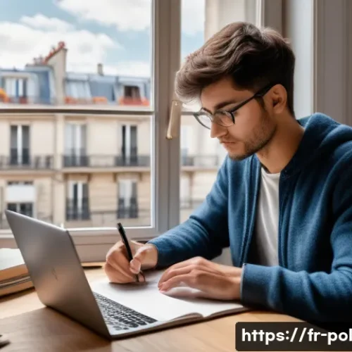 정책분석사 시험 응시 후기 모음 - A focused study environment featuring a young adult sitting at a modern desk in a cozy Parisian apar...