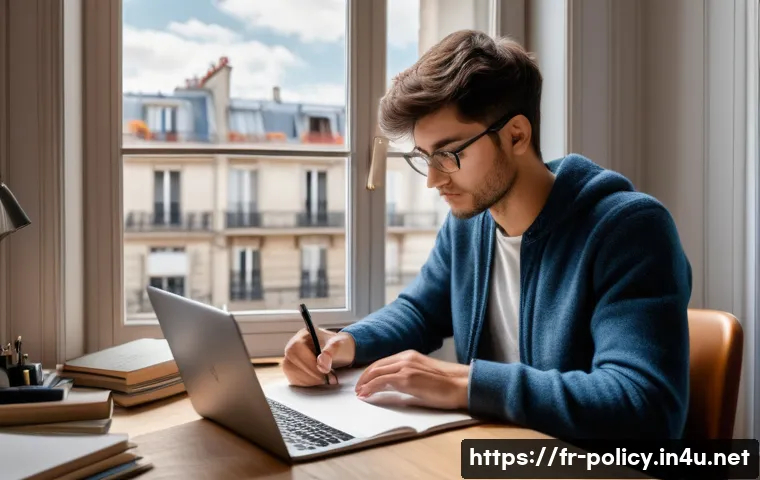 정책분석사 시험 응시 후기 모음 - A focused study environment featuring a young adult sitting at a modern desk in a cozy Parisian apar...