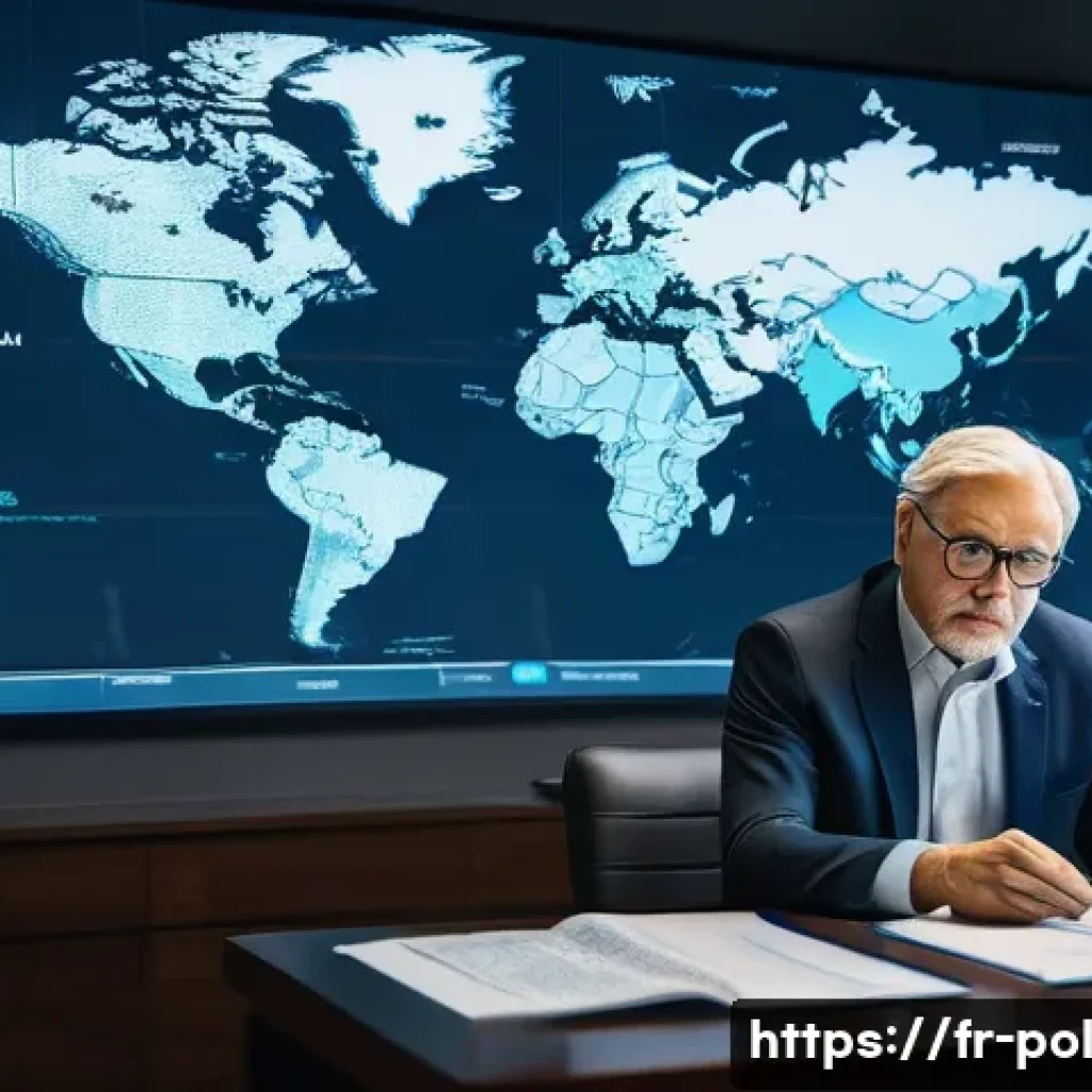 정책분석사와 국제정책 컨설팅 사례 - A sophisticated international political analyst’s office, with a large world map highlighting geopol...