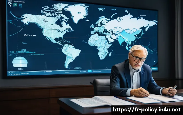 정책분석사와 국제정책 컨설팅 사례 - A sophisticated international political analyst’s office, with a large world map highlighting geopol...
