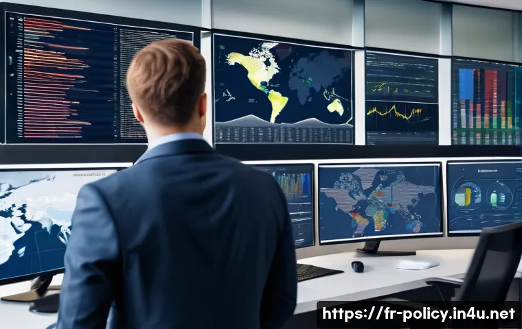 정책분석사와 통계 분석의 중요성 - A professional policy analyst in a modern office environment, surrounded by multiple large screens d...