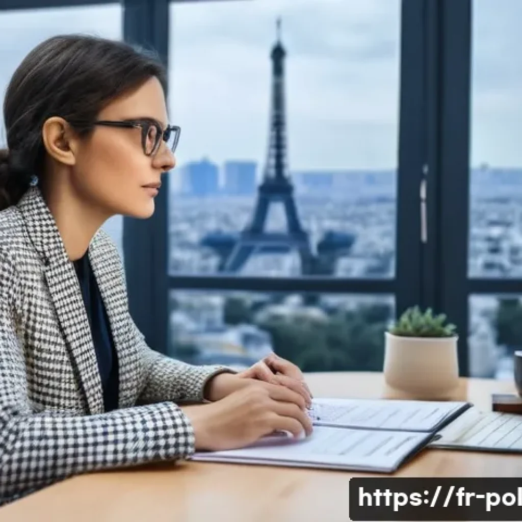 정책분석사와 커리어 목표 설정 사례 - A professional French political analyst in a modern Parisian office, surrounded by multiple screens ...