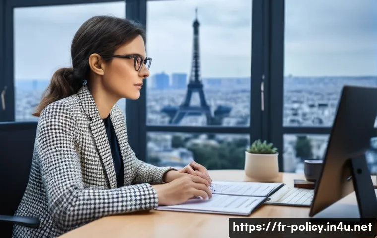 정책분석사와 커리어 목표 설정 사례 - A professional French political analyst in a modern Parisian office, surrounded by multiple screens ...