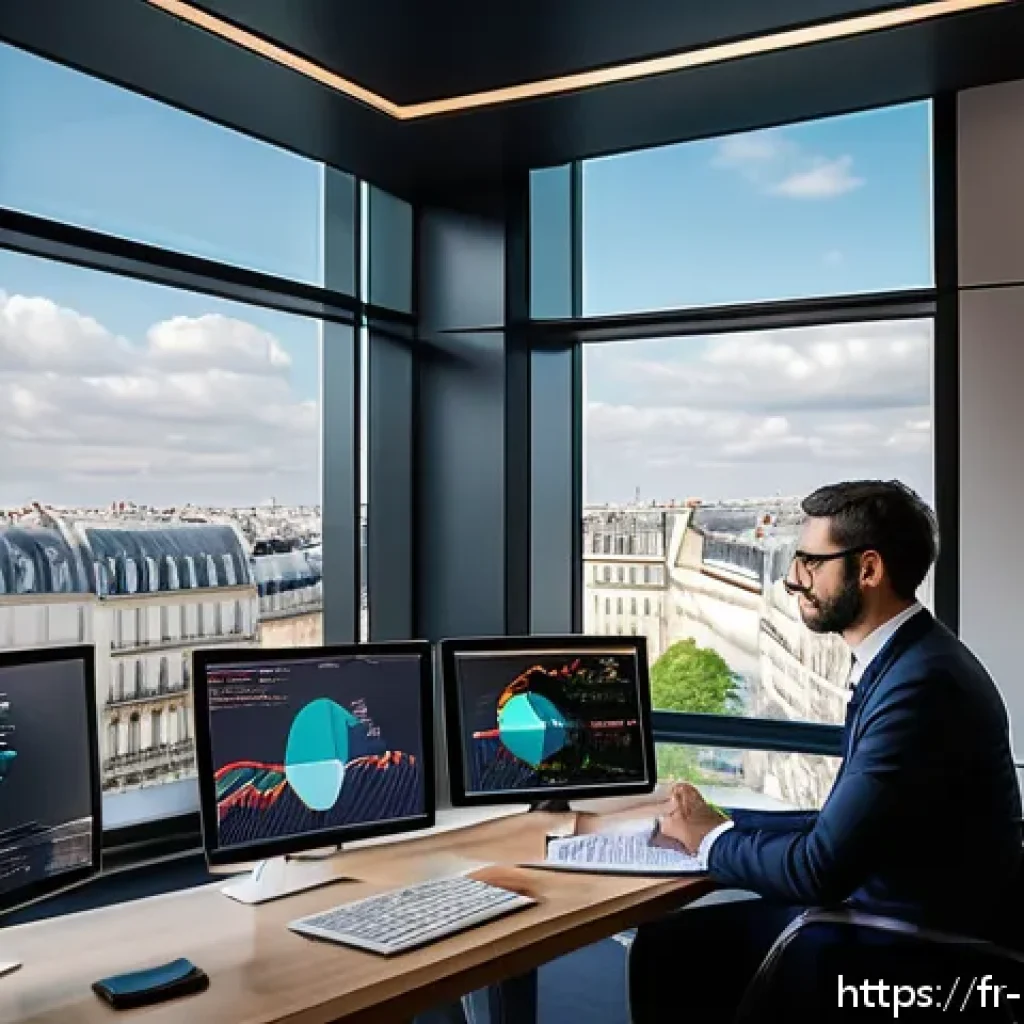 정책분석사와 기획 단계의 중요성 - A sophisticated policy analyst in a modern Parisian office, surrounded by multiple digital screens d...