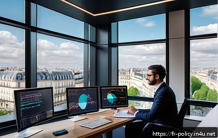 정책분석사와 기획 단계의 중요성 - A sophisticated policy analyst in a modern Parisian office, surrounded by multiple digital screens d...