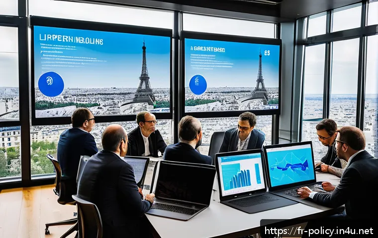 정책분석사와 연구와 정책의 연계 사례 - A detailed scene of a modern urban policymaking workshop in Paris, featuring diverse French politica...