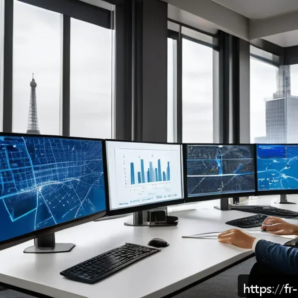 정책분석사와 정부 프로젝트 관리 - A modern public policy analyst’s office in Paris, filled with multiple large monitors displaying com...
