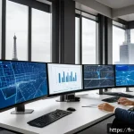 정책분석사와 정부 프로젝트 관리 - A modern public policy analyst’s office in Paris, filled with multiple large monitors displaying com...