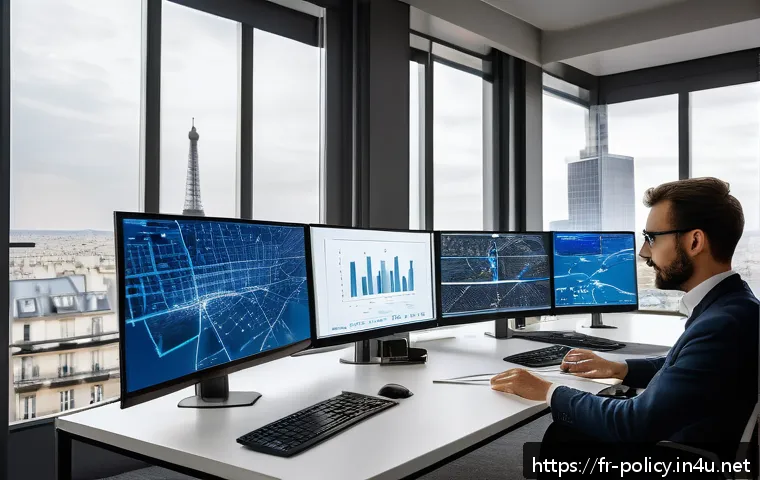정책분석사와 정부 프로젝트 관리 - A modern public policy analyst’s office in Paris, filled with multiple large monitors displaying com...