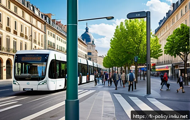 정책분석사와 공공정책 전략 설계 사례 - A detailed urban scene in a French city showcasing smart public policy innovation: a bustling street...