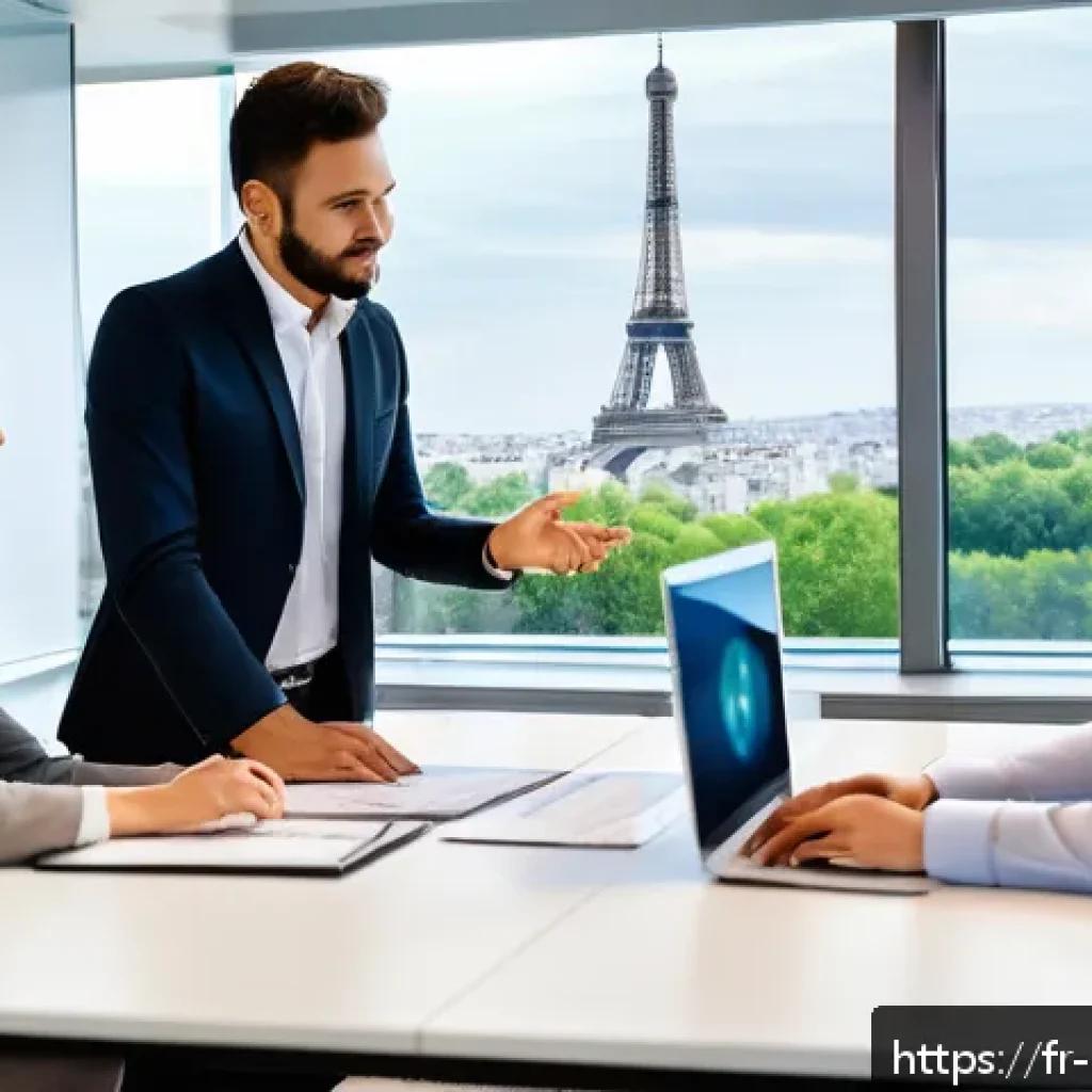 정책분석사와 직무 성과 관리 사례 - A modern corporate office scene in Paris, featuring a diverse team of professionals engaged in a col...