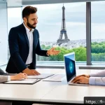 정책분석사와 직무 성과 관리 사례 - A modern corporate office scene in Paris, featuring a diverse team of professionals engaged in a col...