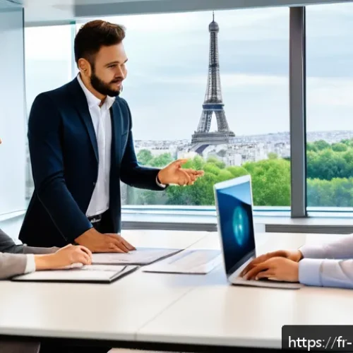 정책분석사와 직무 성과 관리 사례 - A modern corporate office scene in Paris, featuring a diverse team of professionals engaged in a col...