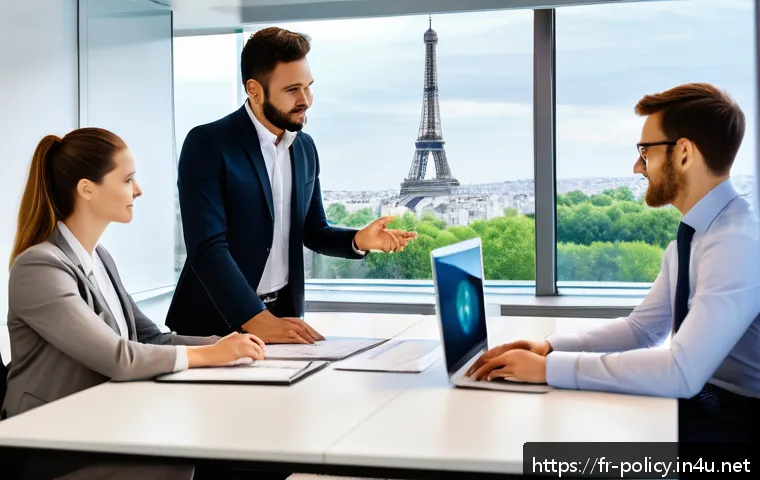 정책분석사와 직무 성과 관리 사례 - A modern corporate office scene in Paris, featuring a diverse team of professionals engaged in a col...