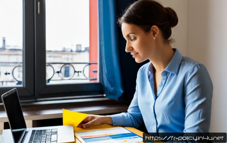 정책분석사 경력개발 계획 - Photorealistic French policy analyst in a bright Paris office, thoughtfully arranging a long-term ca...