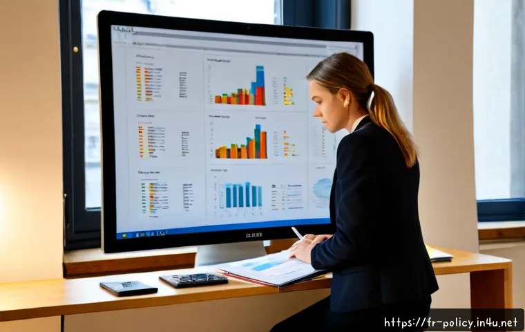 정책분석사와 효과적인 보고서 작성 사례 - Photorealistic French policy analyst in a bright Paris office, carefully reviewing a well-organized ...